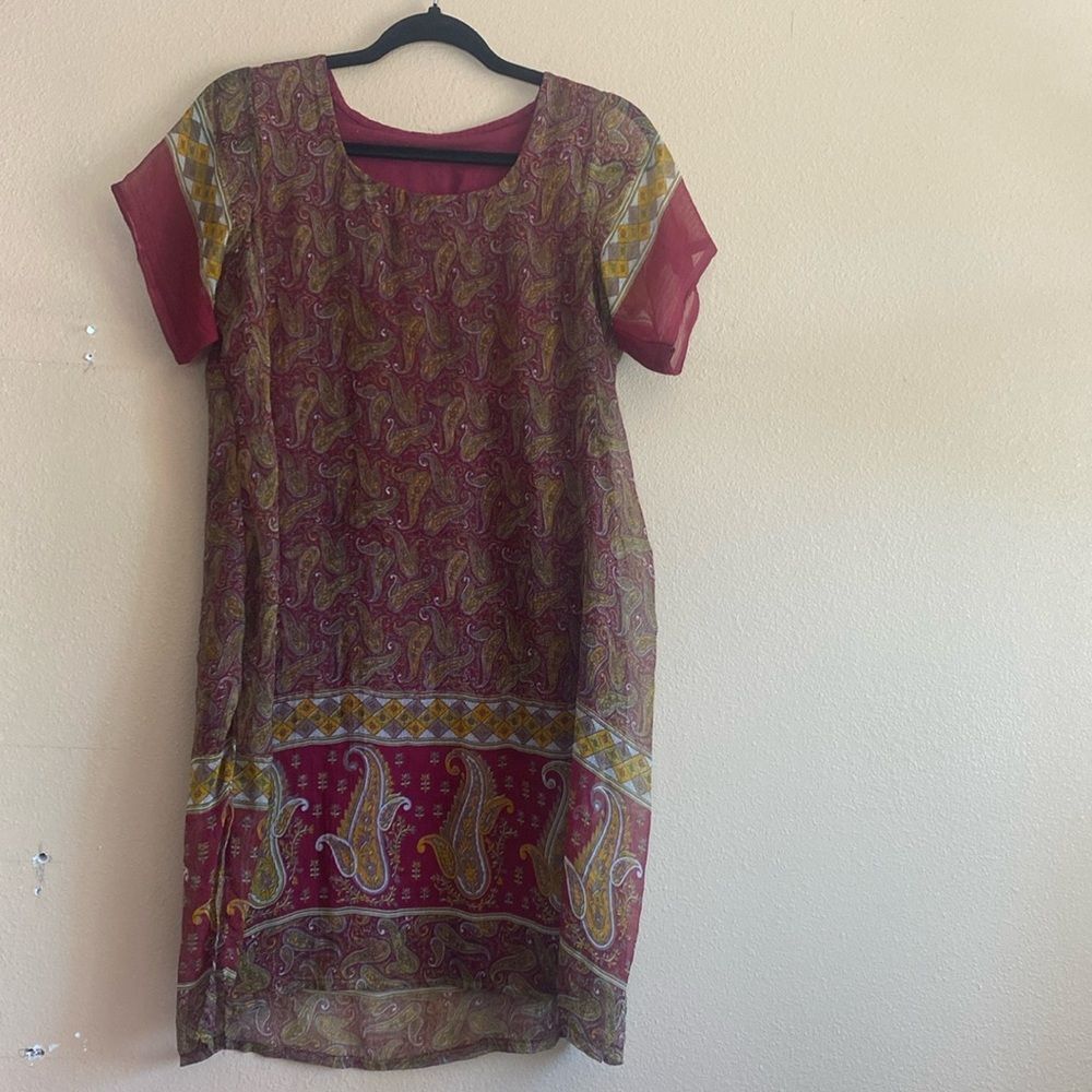 Vintage Boho Brown & Red Tunic Slip Dress Comfortable Light Weight Style